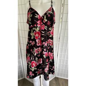 Adonna Floral Satin Slip Nightgown Black Pink Flowers Adjustable Straps Size XL